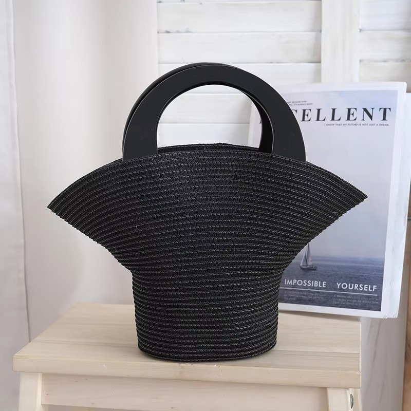 Women's Stylish Hat-Shaped Straw Woven Handbag Summer Beach Tote Bag Handmade Wheat Straw Bucket Bag for Holiday Travel