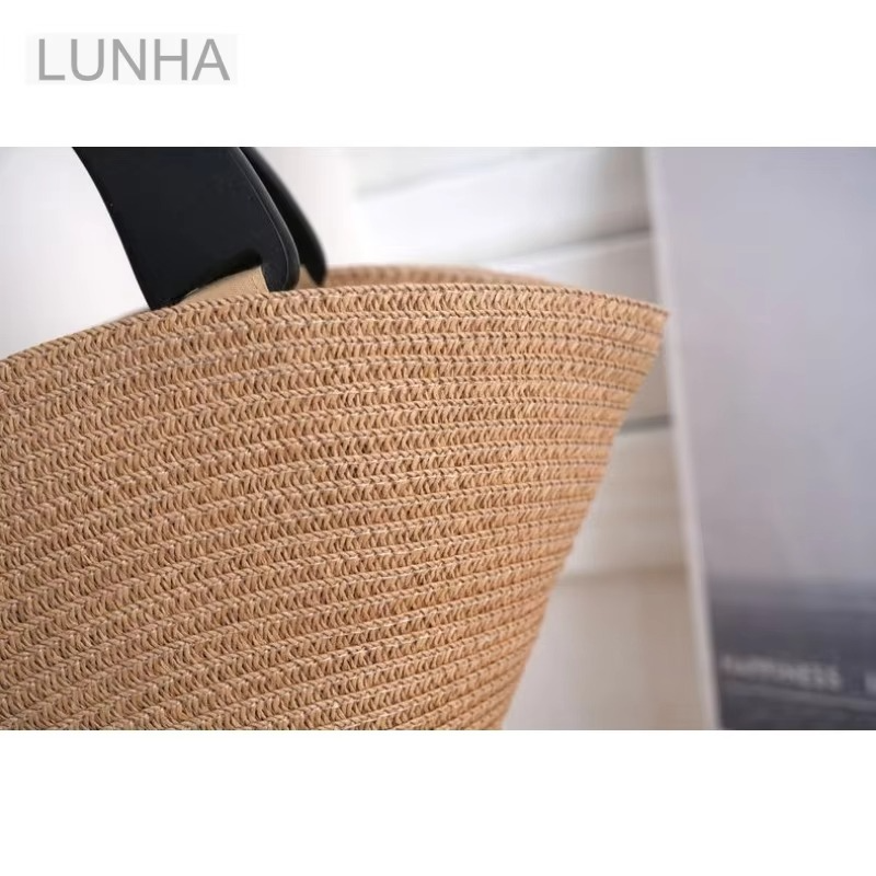 Women's Stylish Hat-Shaped Straw Woven Handbag Summer Beach Tote Bag Handmade Wheat Straw Bucket Bag for Holiday Travel