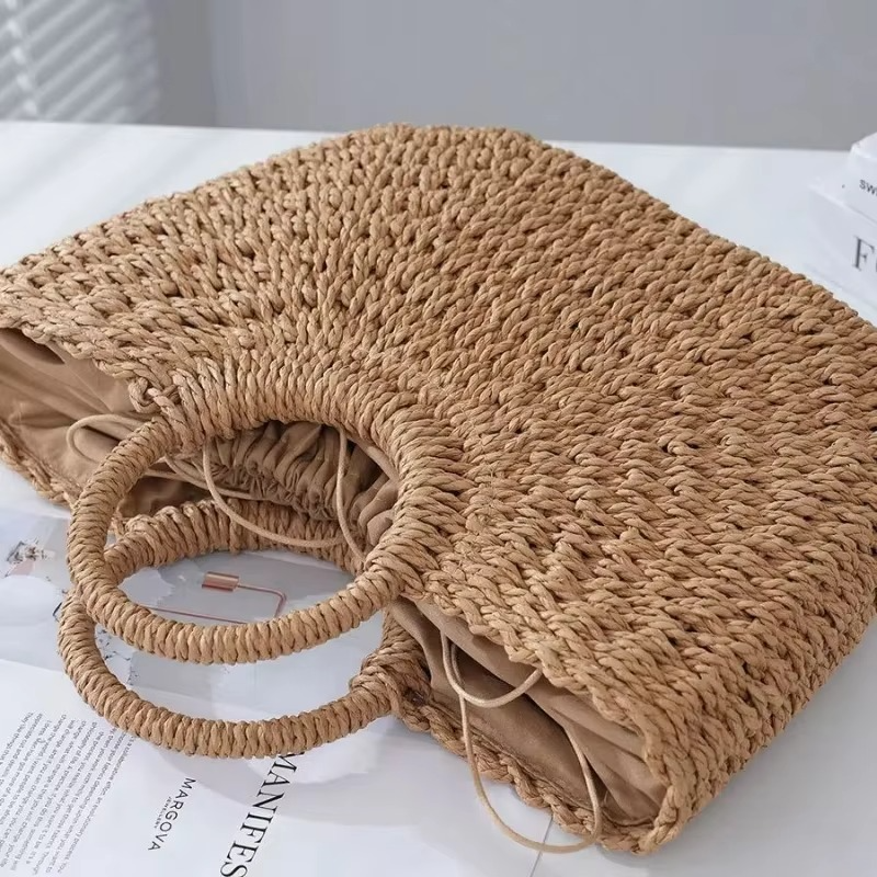 2024 New Handheld Straw Woven Bag for Women Handmade Portable Handbag Large Capacity Beach Bag Handheld Money Bag Moon Bag