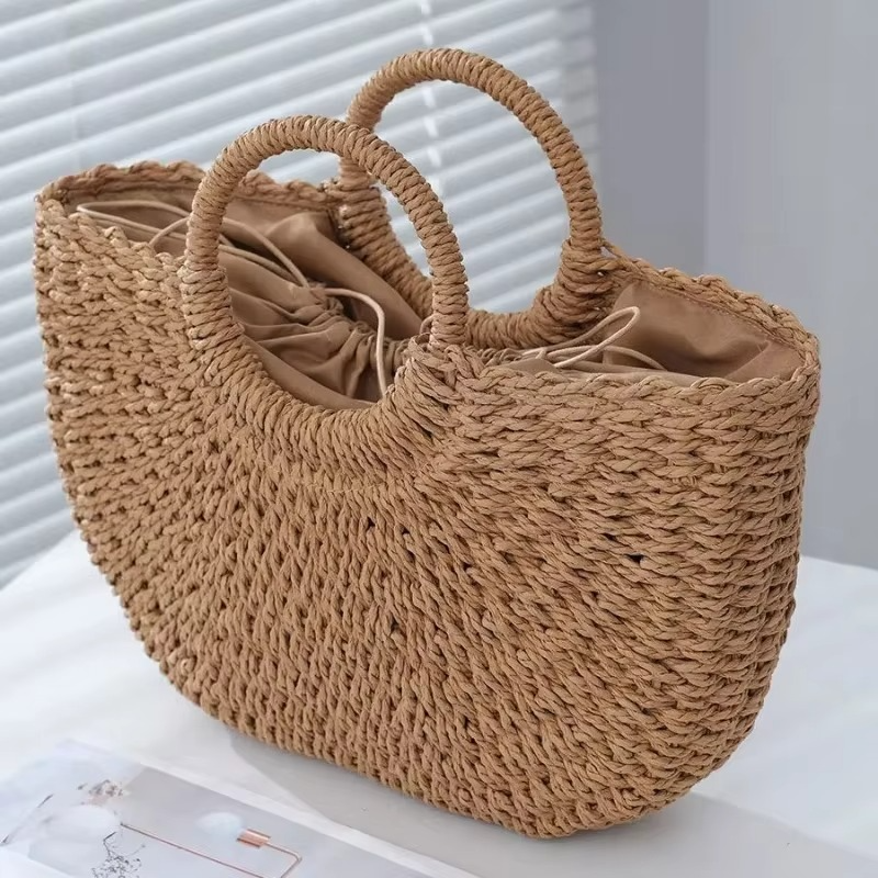 2024 New Handheld Straw Woven Bag for Women Handmade Portable Handbag Large Capacity Beach Bag Handheld Money Bag Moon Bag