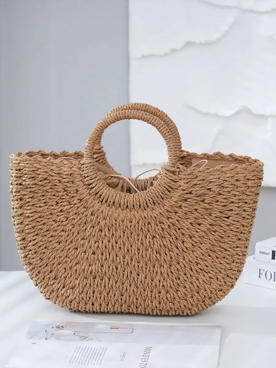 2024 New Handheld Straw Woven Bag for Women Handmade Portable Handbag Large Capacity Beach Bag Handheld Money Bag Moon Bag