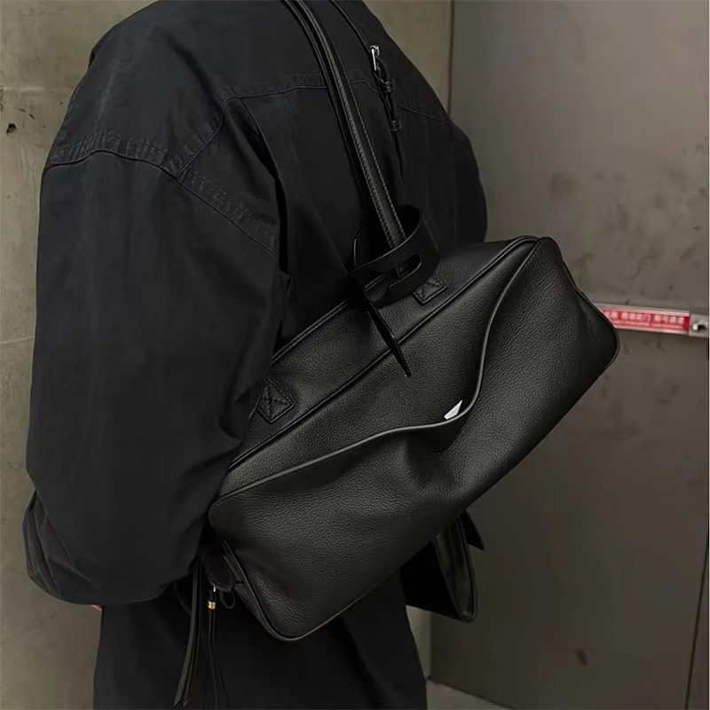 Genuine Leather Luxury Handbag Brand Lychee Pattern Bowling Bag High-end Shoulder Bag Versatile Casual Business Underarm Bag New