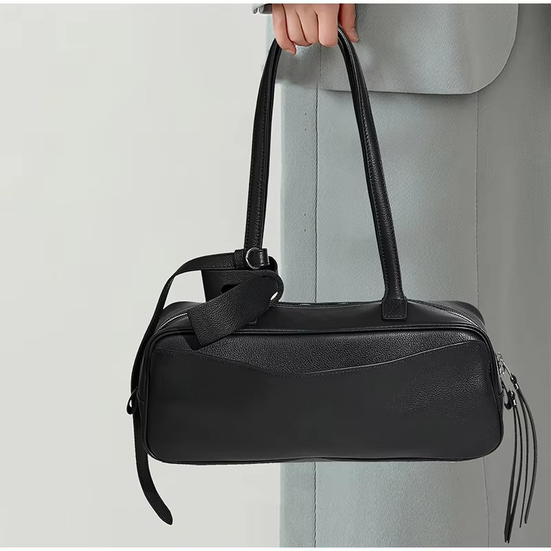 Genuine Leather Luxury Handbag Brand Lychee Pattern Bowling Bag High-end Shoulder Bag Versatile Casual Business Underarm Bag New