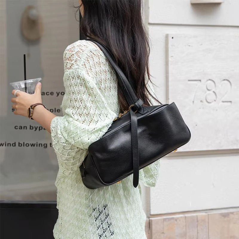 Genuine Leather Luxury Handbag Brand Lychee Pattern Bowling Bag High-end Shoulder Bag Versatile Casual Business Underarm Bag New