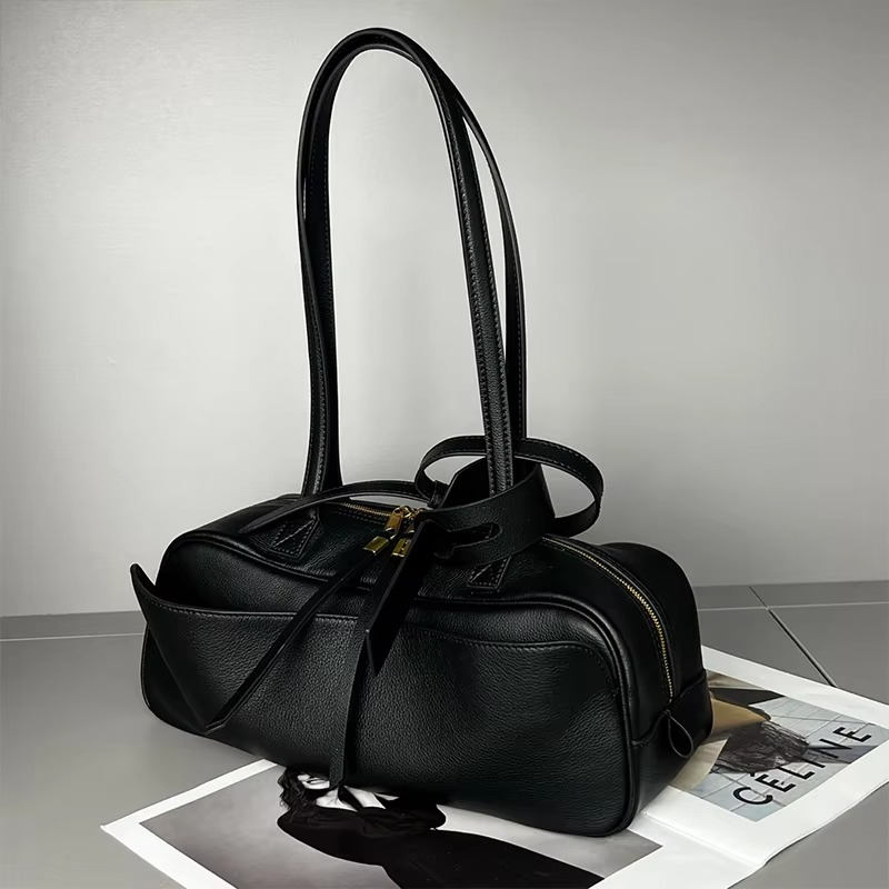 Genuine Leather Luxury Handbag Brand Lychee Pattern Bowling Bag High-end Shoulder Bag Versatile Casual Business Underarm Bag New