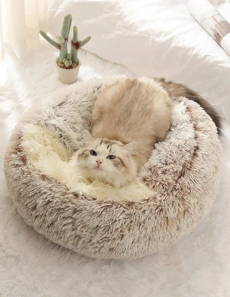 Soft Plush Round Cat Bed Warm Comfortable Winter Long Plush Pet Cat Bed Round Semi Enclosed Cat Nest For Small Dogs Sleep Bag
