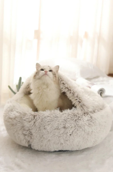 Soft Plush Round Cat Bed Warm Comfortable Winter Long Plush Pet Cat Bed Round Semi Enclosed Cat Nest For Small Dogs Sleep Bag
