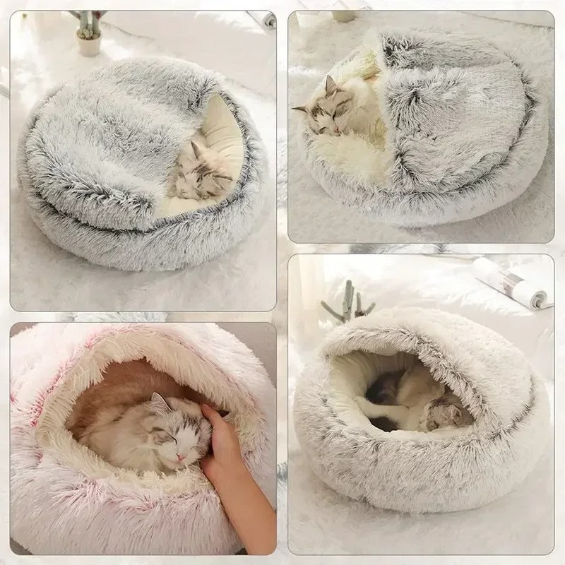 Soft Plush Round Cat Bed Warm Comfortable Winter Long Plush Pet Cat Bed Round Semi Enclosed Cat Nest For Small Dogs Sleep Bag
