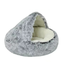 Soft Plush Round Cat Bed Warm Comfortable Winter Long Plush Pet Cat Bed Round Semi Enclosed Cat Nest For Small Dogs Sleep Bag