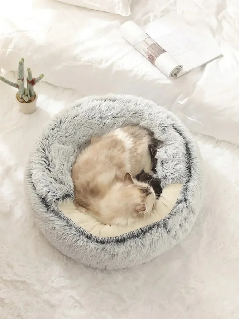 Soft Plush Round Cat Bed Warm Comfortable Winter Long Plush Pet Cat Bed Round Semi Enclosed Cat Nest For Small Dogs Sleep Bag