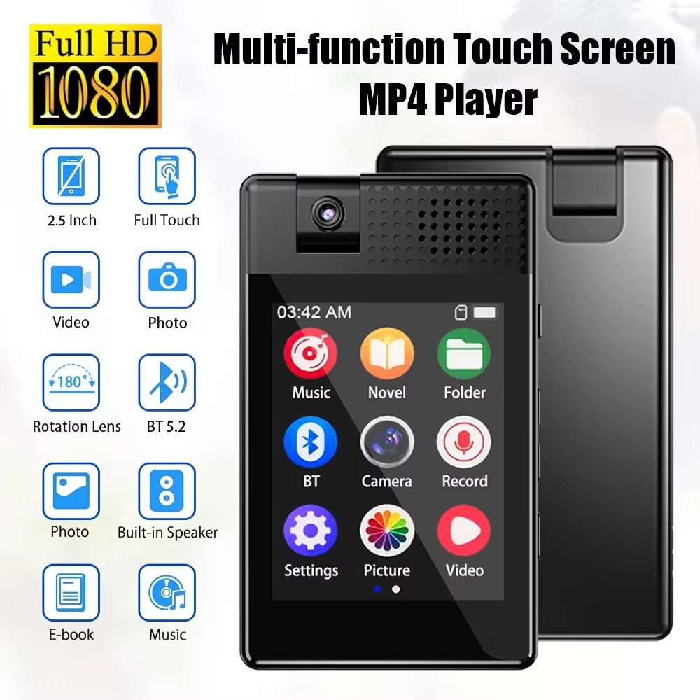 Bluetooth 5.3 MP3 Music Player Built-in Speaker 2.5 Inch Full Touch Screen HIFI Walkman With E-book/Pedometer