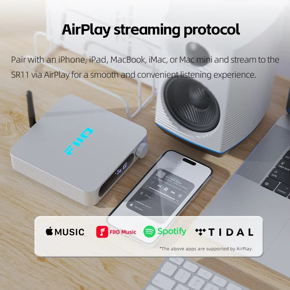 FiiO SR11 Streameing Music Receiver Support AirPlay Roon Ready 2.4G-5G daul band WiFi Hi-Res Audio PCM768 DSD256 Remote Control
