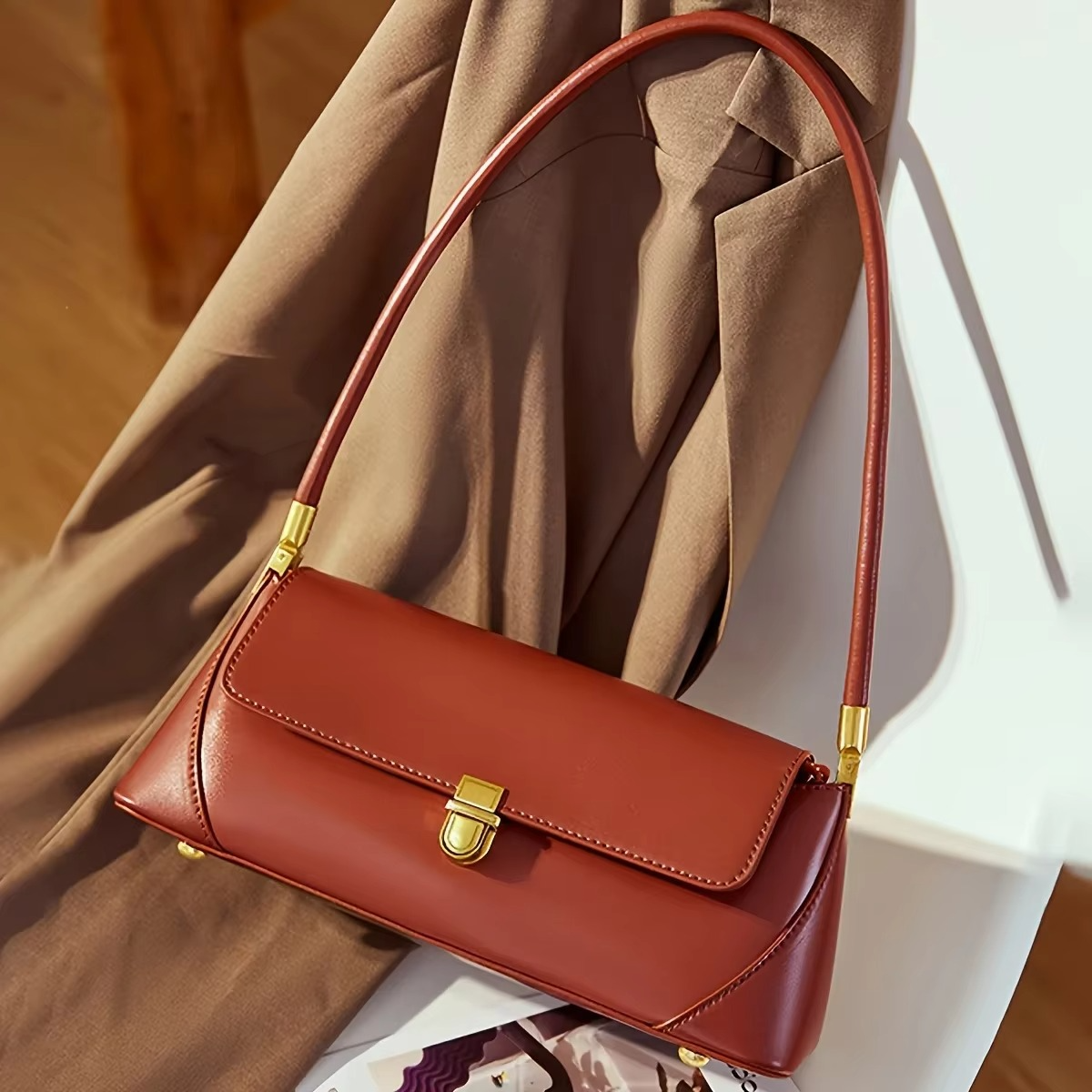 Vintage Women's Bag PU Material Shoulder Bag French Baguette Underarm Bag Hundred Commuting Handbag