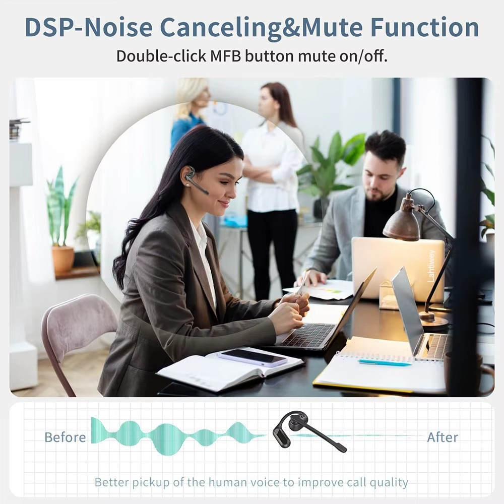 Open Ear Headphones with Boom Mic, Bluetooth 5.4 Wireless Headsets with Detachable Microphone, ENC Noise Cancelling, Mute Button
