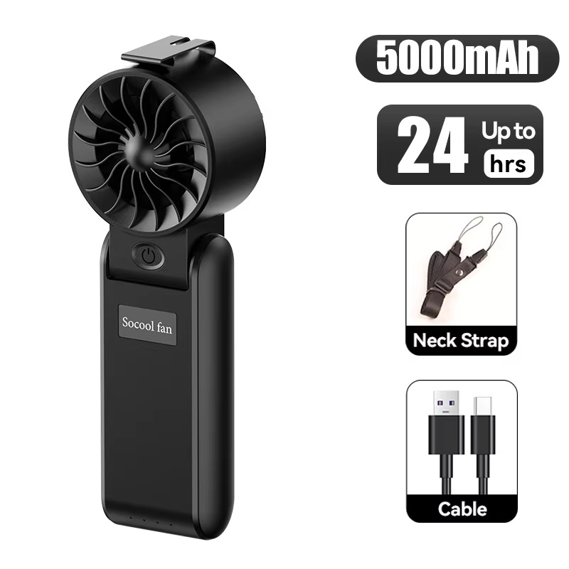 Socool 5000mAh Mini Portable Handheld Fan 4 Speeds 13200RPM Personal Foldable Neck Fan Waist Fan with Rechargeable Battery