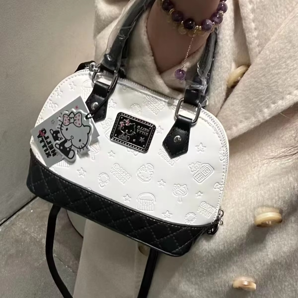 Sanrio Hello Kitty Shell Shoulder Bag Classic Pillow Crossbody Bag for Women Girl Black and White Series Luxury Designer Handbag