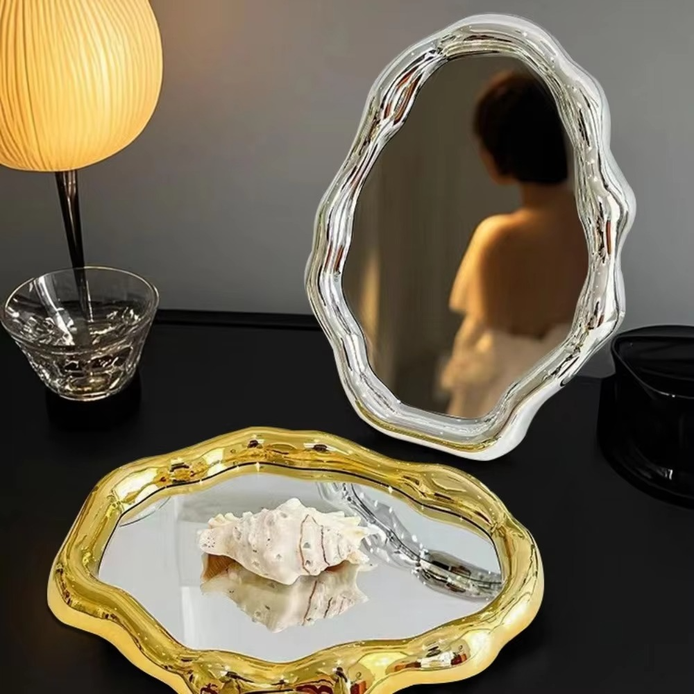 1PC Cream Style Makeup Mirror Decorative Irregular Simple Standing Dresser Mirror Cloud Shaped French Hairdressing Wall Mirror