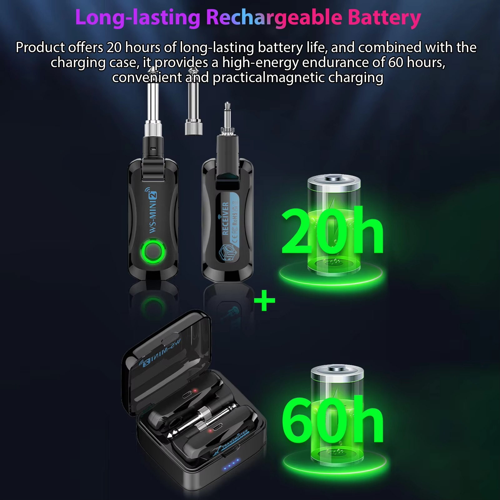 2.4G Wireless Guitar System Rechargeable Portable Transmitter Receiver Set with Charging Compartment Audio System for Electric