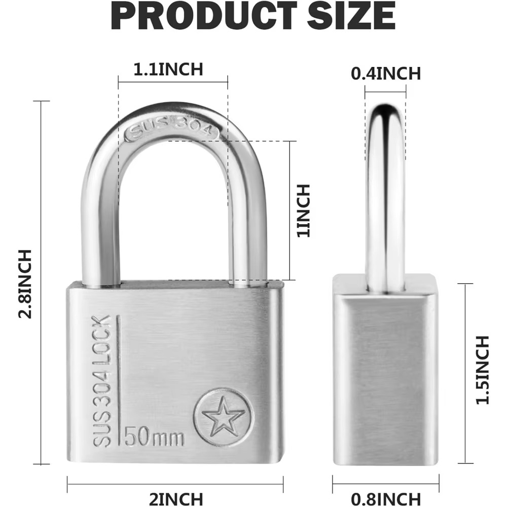 304 Stainless Steel Padlock,50mm Waterproof with 4 Keys Rustproof All with Keys for Gym Locker Shed Suitcase