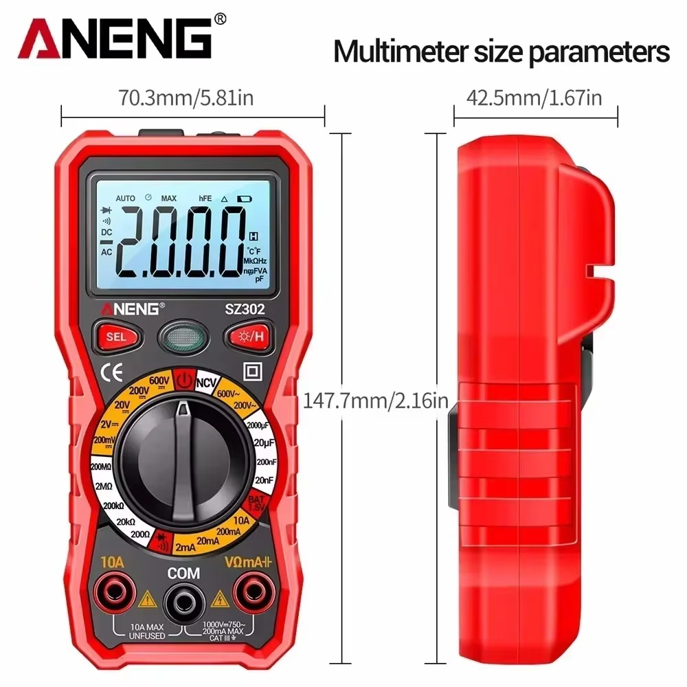 ANENG SZ302 Multimeter 2000 Count Digital AC/DC Votage Current Automatic Tester NCV Detector Resistance Ohm Ammeter Tester Tools