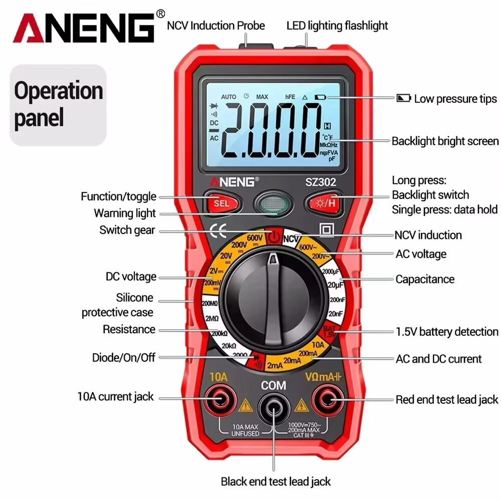 ANENG SZ302 Multimeter 2000 Count Digital AC/DC Votage Current Automatic Tester NCV Detector Resistance Ohm Ammeter Tester Tools