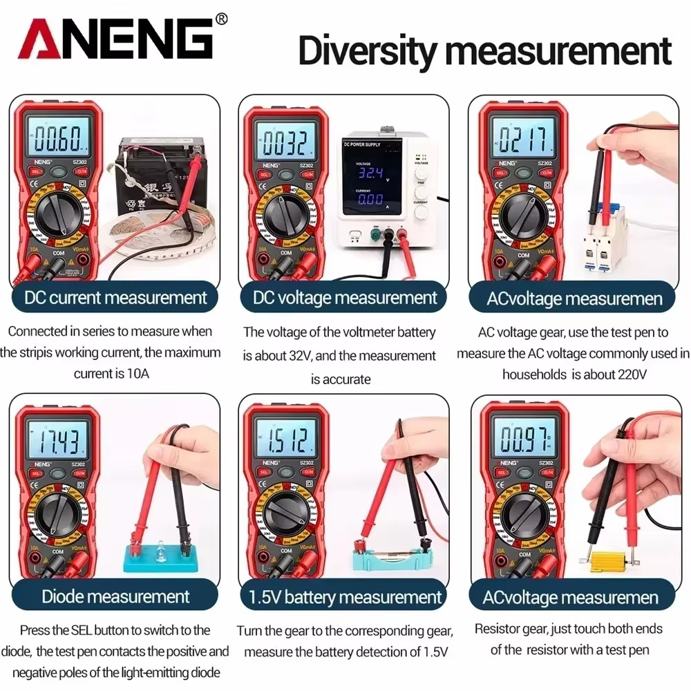 ANENG SZ302 Multimeter 2000 Count Digital AC/DC Votage Current Automatic Tester NCV Detector Resistance Ohm Ammeter Tester Tools