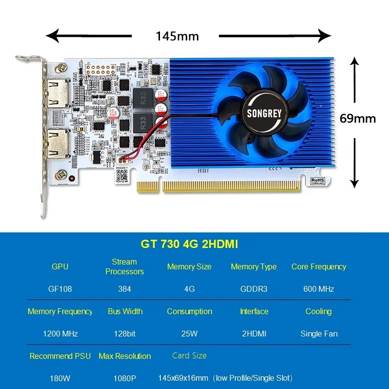 SONGREY GT730 4GB Graphics Card 1080P Low Profile GPU DDR3 2HDMI 2 Monitor Display PCI-E2.0 16X ,Computer GPU,1Year Warranty
