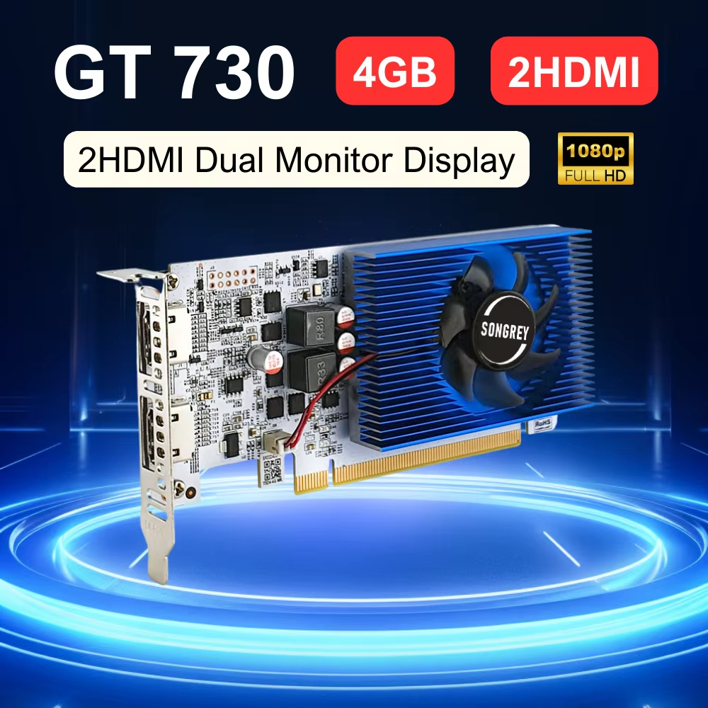 SONGREY GT730 4GB Graphics Card 1080P Low Profile GPU DDR3 2HDMI 2 Monitor Display PCI-E2.0 16X ,Computer GPU,1Year Warranty
