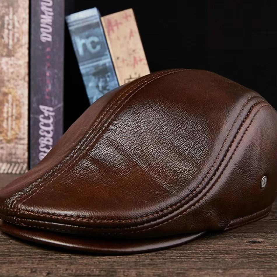 BUTTERMERE Flat Caps Men Real Leather Duckbill Hats Berets Earflaps Black Casual Directors Cap Male Vintage Winter Driving Caps