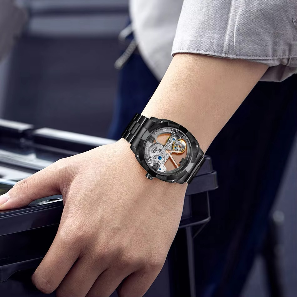 2024Top Brand Luxury Stainless Steel Skeleton Tourbillon Automatic Movement Men Watch Mechanical Waterproof Luminous Wrist Clock