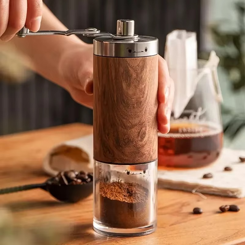 New Factory Collection Coffee Bean Grinder Portable Wood Grain Stainless Steel Crank Hand Hand Coffee Grinder Kitchen Tool