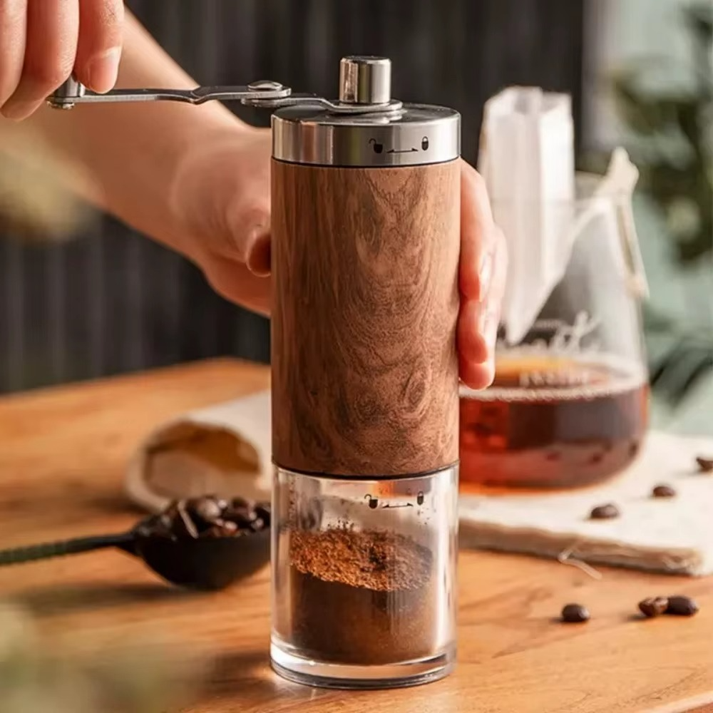 New Factory Collection Coffee Bean Grinder Portable Wood Grain Stainless Steel Crank Hand Hand Coffee Grinder Kitchen Tool