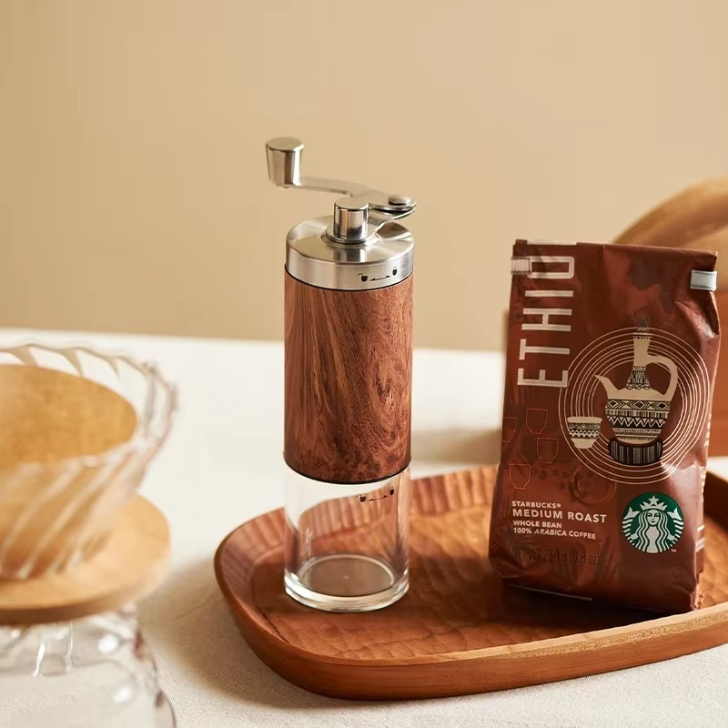 New Factory Collection Coffee Bean Grinder Portable Wood Grain Stainless Steel Crank Hand Hand Coffee Grinder Kitchen Tool