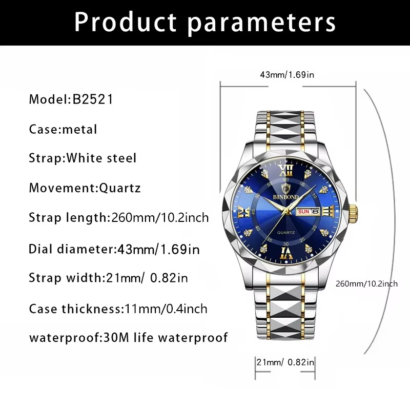 BINBOND Men Waterproof Week Date Clock Stainless Steel Sport Watch Top Brand Luxury Fashion Quartz Watch Men Quartz Wristwatch