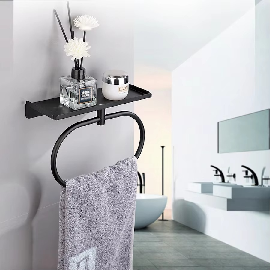 Towel Ring with Shelf Stainless Steel No-punch Toilet Paper Holder Bathroom Hotel Accessories Hand Towel Holder