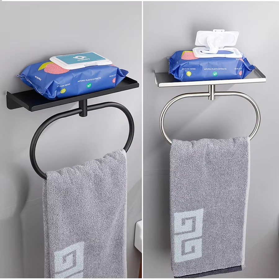 Towel Ring with Shelf Stainless Steel No-punch Toilet Paper Holder Bathroom Hotel Accessories Hand Towel Holder