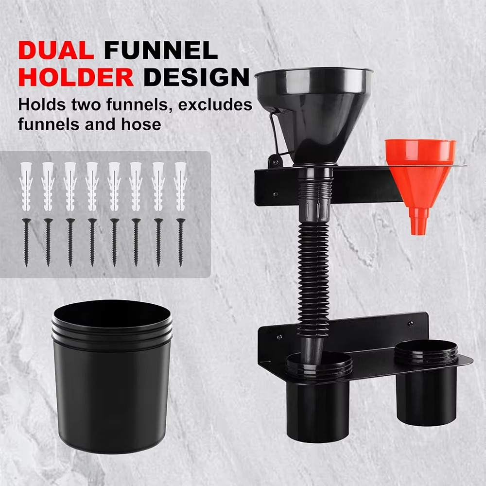 Oil Dual Funnel Holder Storage Rack Includes 2 Plastic Removable Drip Cups, Wall Mount Fluid Drain Funnel Kit Organizer Bracket