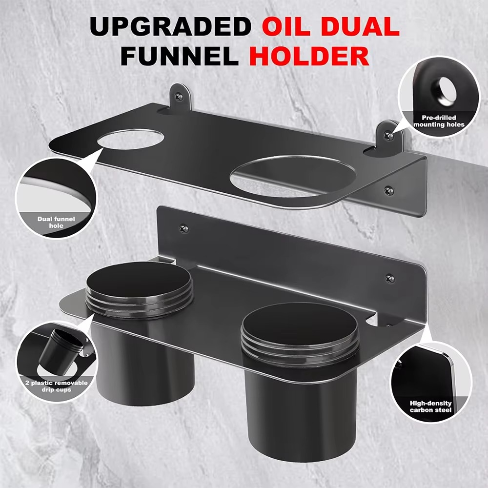 Oil Dual Funnel Holder Storage Rack Includes 2 Plastic Removable Drip Cups, Wall Mount Fluid Drain Funnel Kit Organizer Bracket