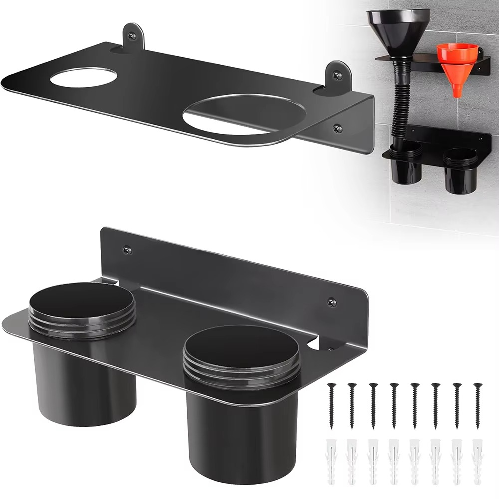 Oil Dual Funnel Holder Storage Rack Includes 2 Plastic Removable Drip Cups, Wall Mount Fluid Drain Funnel Kit Organizer Bracket