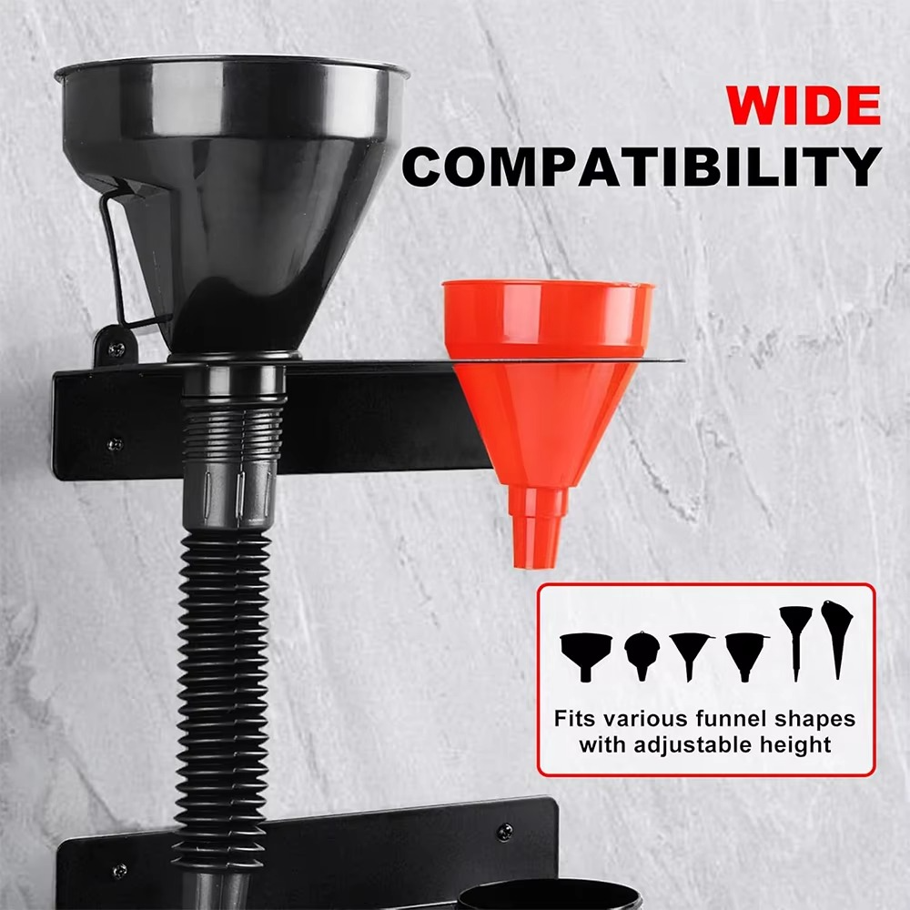 Oil Dual Funnel Holder Storage Rack Includes 2 Plastic Removable Drip Cups, Wall Mount Fluid Drain Funnel Kit Organizer Bracket