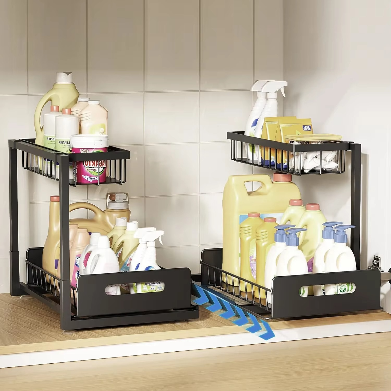 2-Tiers Under Sink Organizer Storage with Sliding Drawer Multi-purpose Shelf Organizer for Kitchen Bathroom