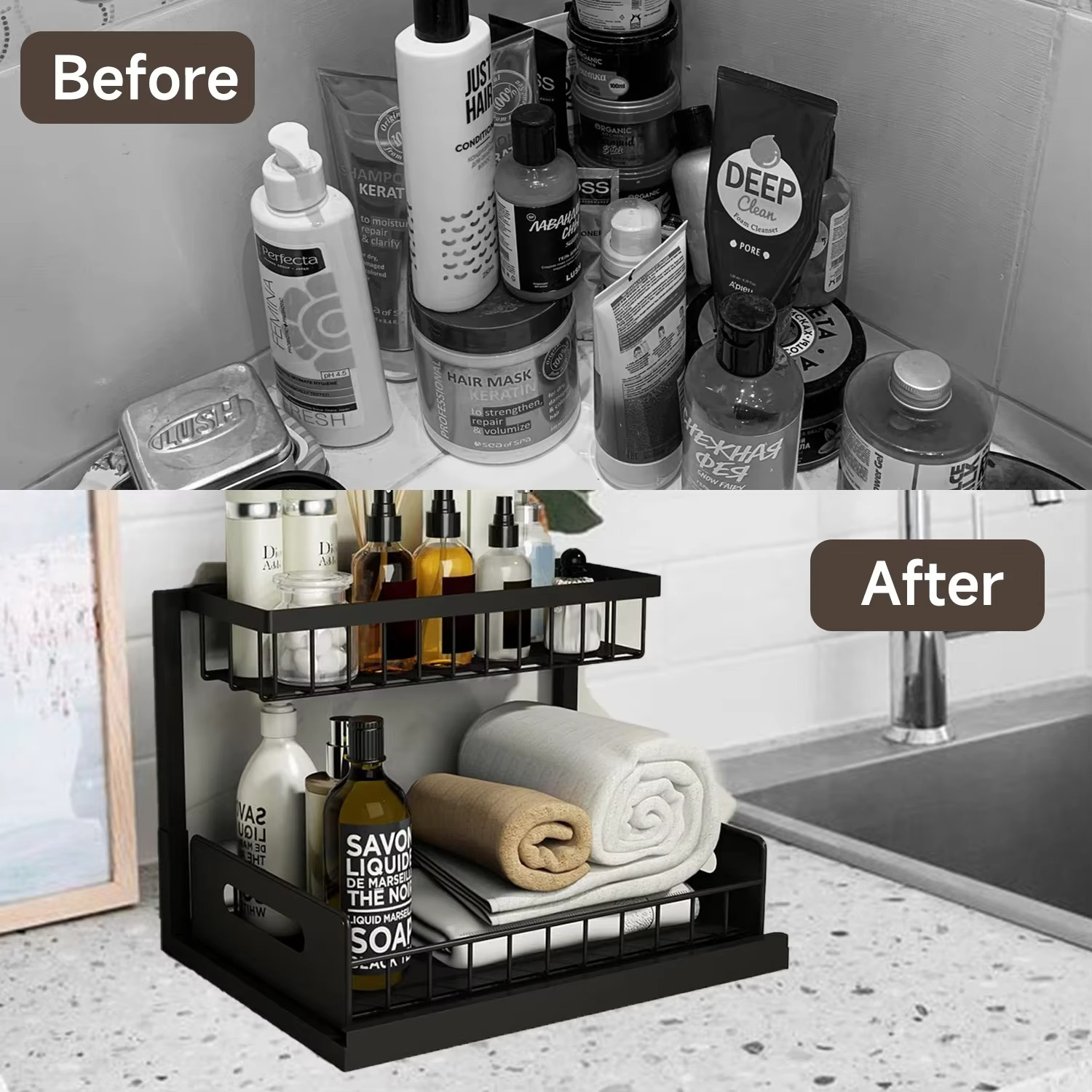 2-Tiers Under Sink Organizer Storage with Sliding Drawer Multi-purpose Shelf Organizer for Kitchen Bathroom