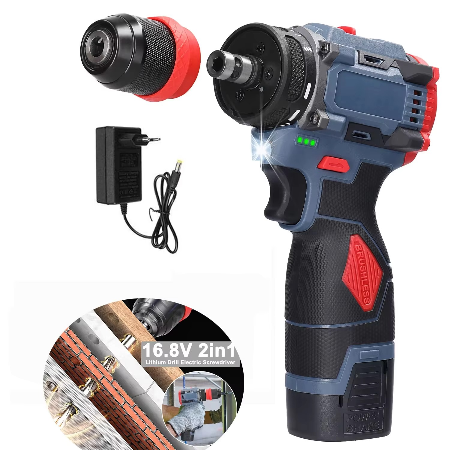 16.8V 2 In1 Drill Electric Screwdriver Multi-function Power Tool 45Nm Torque Brushless Motor Screw Driver Electronics Repairing