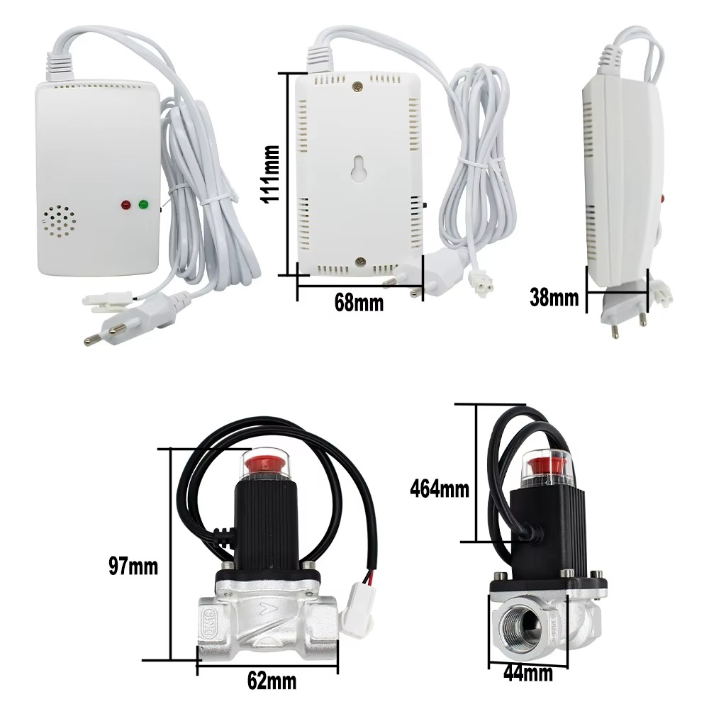 Gas Leakage Detector with Emergency Shut Off Solenoid Valves Natural/Liquefied Gas Alarm Sensor EU Plug Standalone Auto Monitor