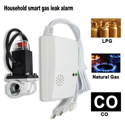 Gas Leakage Detector with Emergency Shut Off Solenoid Valves Natural/Liquefied Gas Alarm Sensor EU Plug Standalone Auto Monitor
