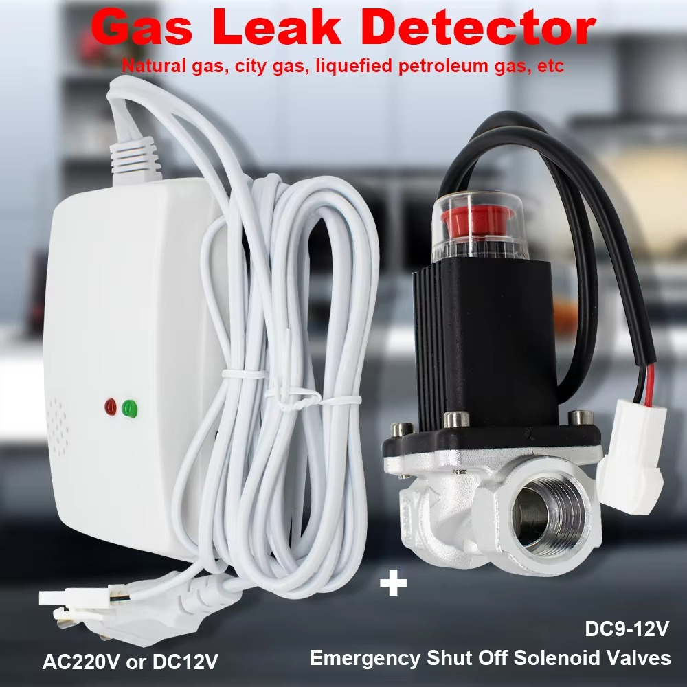 Gas Leakage Detector with Emergency Shut Off Solenoid Valves Natural/Liquefied Gas Alarm Sensor EU Plug Standalone Auto Monitor
