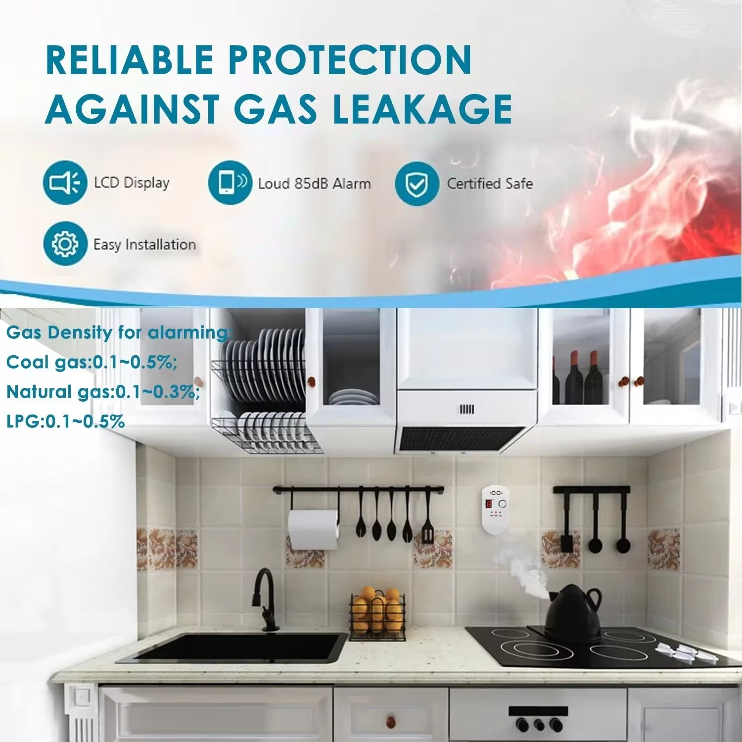 CPVAN Gas Detector LPG/Natural Gas/Coal Leak Detector 85dB Sound Alarm and LED Digital Display Gas Leak Detector