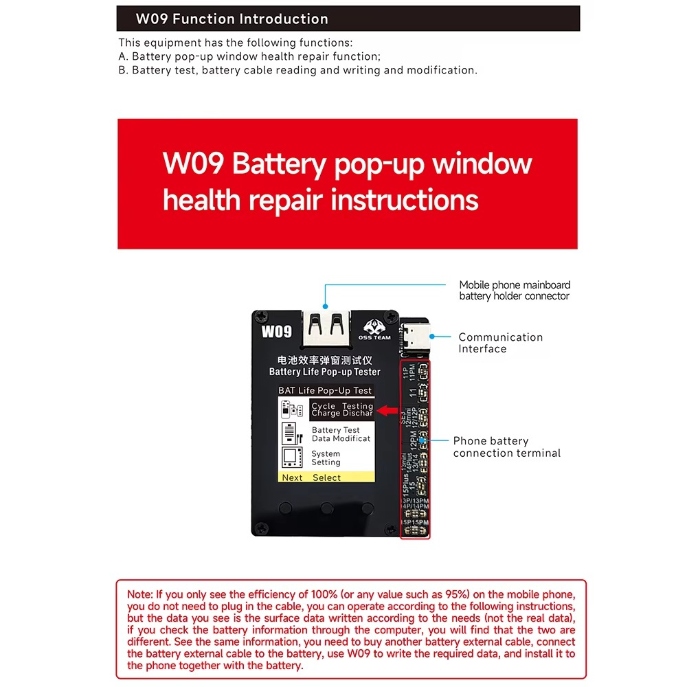 OSS W09 Pro V3 Battery Life Pop-up Tester for iPhone11-15PM Detection Modify Battery Efficiency 100% Cycle Health Data Tool