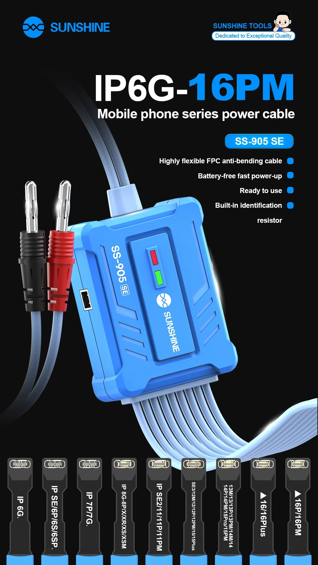 SUNSHINE SS-905 SE IP6G-16PM Phone Power Cable for iPhone 6-16PM Battery-Free Boot FPC Anti-Bend, Smart Burn Protection