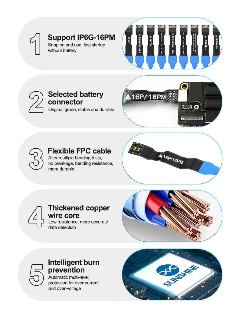 SUNSHINE SS-905 SE IP6G-16PM Phone Power Cable for iPhone 6-16PM Battery-Free Boot FPC Anti-Bend, Smart Burn Protection